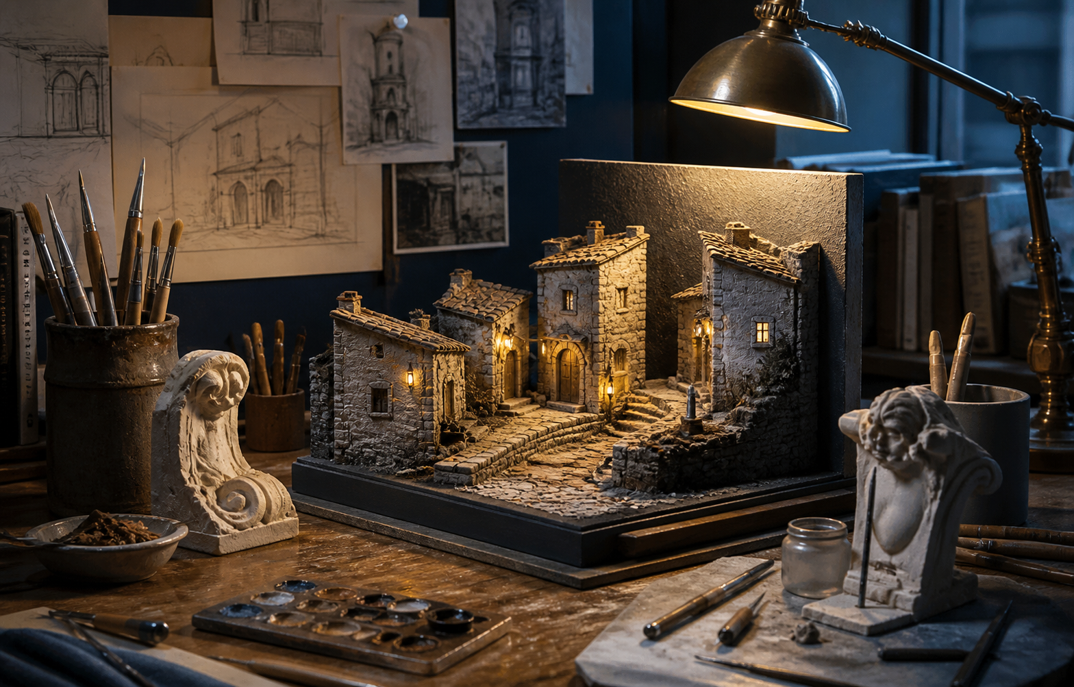 Atelier de création artistique avec maquette éclairée, Studio Sambre